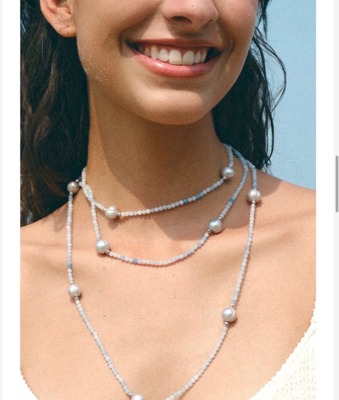 Refreshing Aquamarine Grey Pearl Long Beaded Necklace - floysun