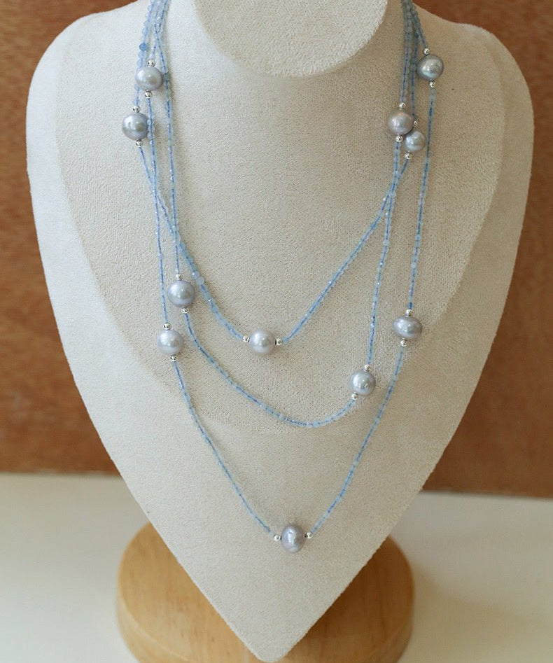 Refreshing Aquamarine Grey Pearl Long Beaded Necklace - floysun