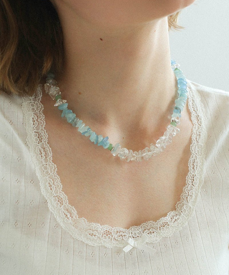 Refreshing Aquamarine Irregular Stone Beaded Necklace - floysun