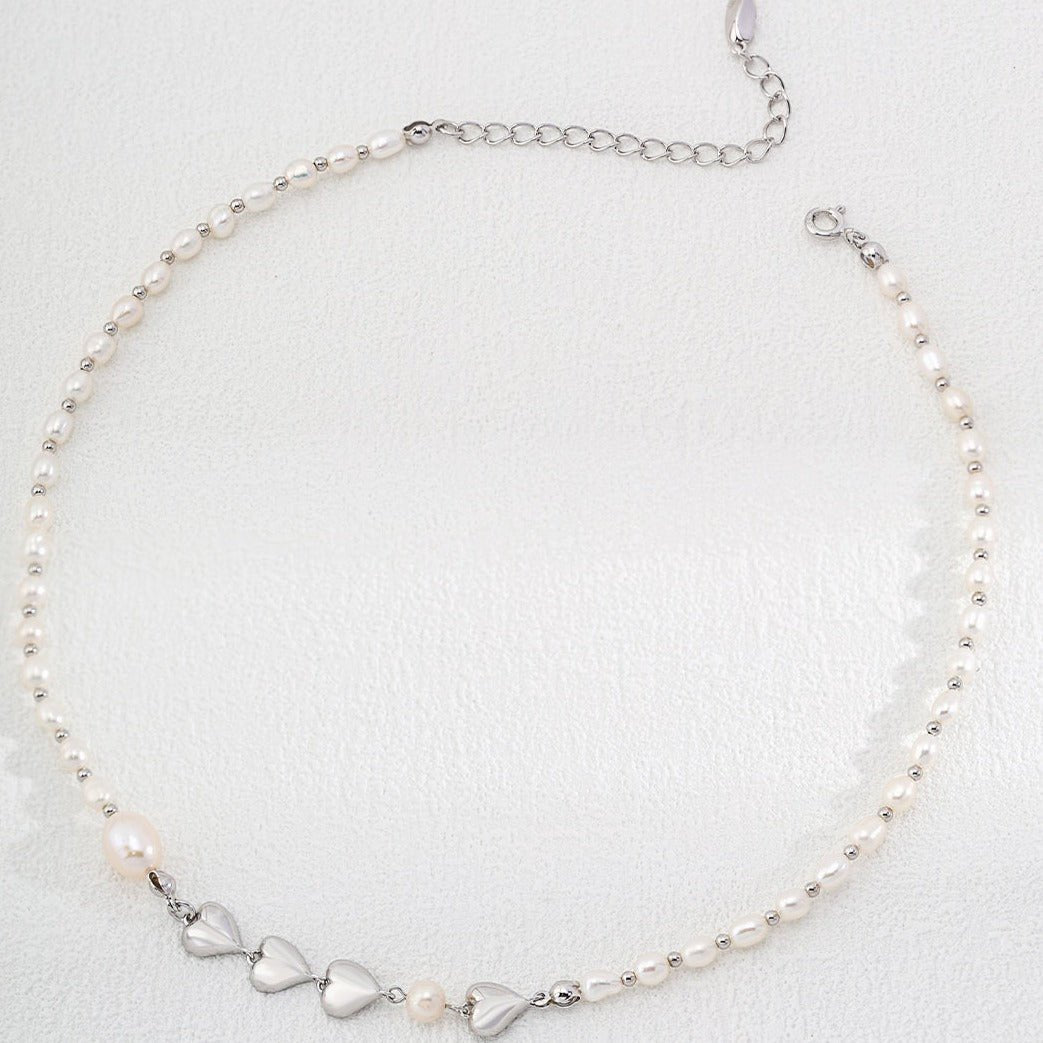 Rice-grain Pearl and Metal Heart Necklace - floysun