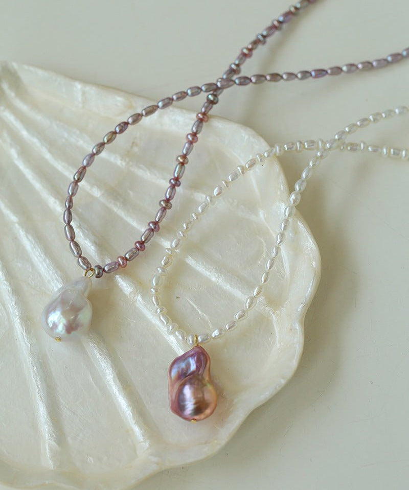 Rice Pearl and Baroque Pearl Pendant Necklace - floysun