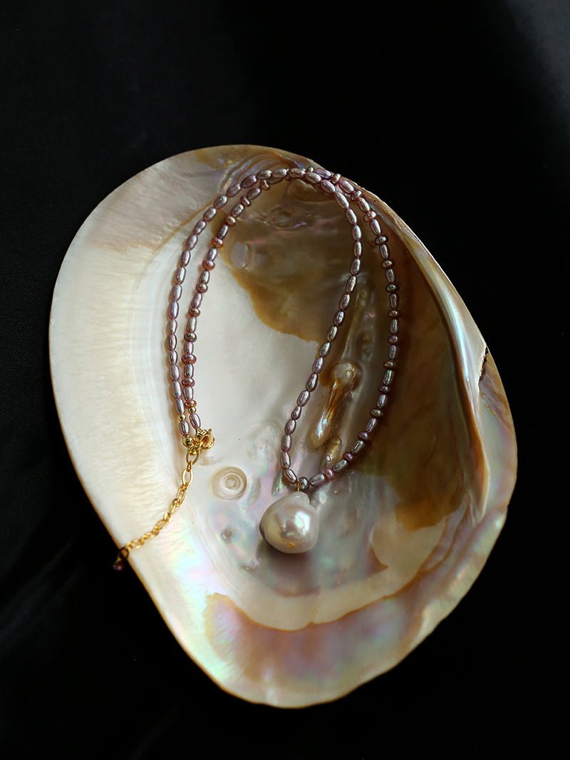 Rice Pearl and Purple Baroque Pearl Pendant Necklace - floysun