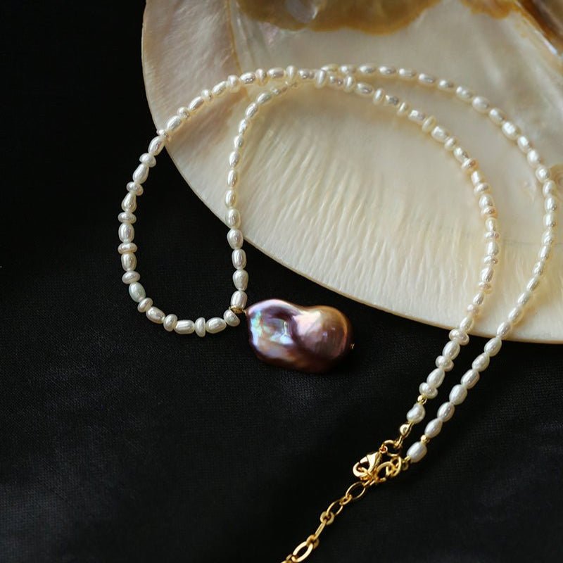 Rice Pearl and Purple Baroque Pearl Pendant Necklace - floysun