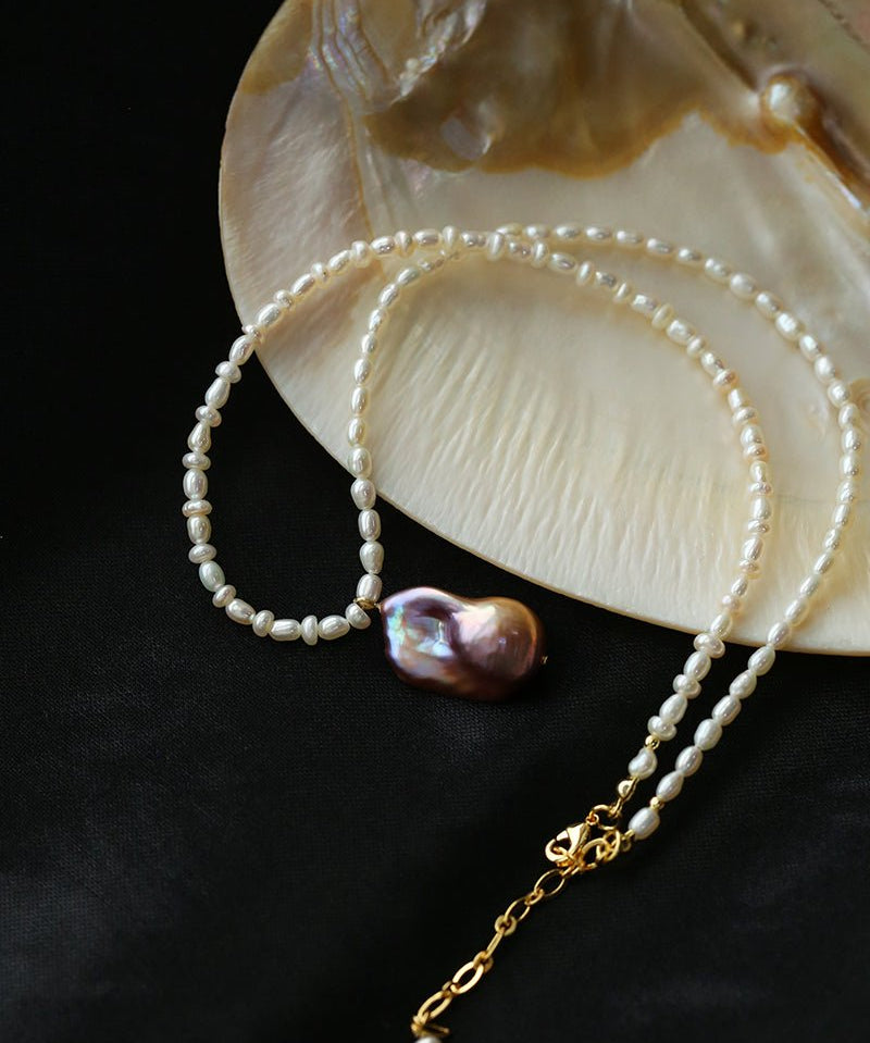 Rice Pearl and Purple Baroque Pearl Pendant Necklace - floysun