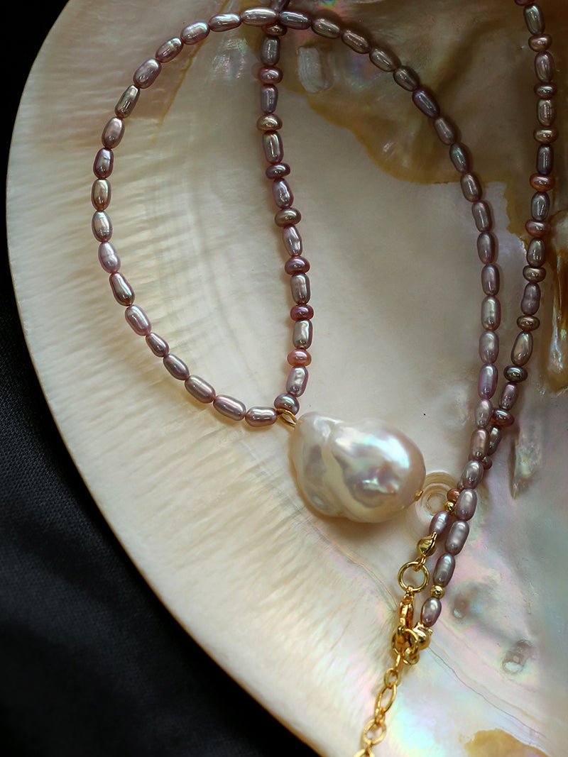 Rice Pearl and Purple Baroque Pearl Pendant Necklace - floysun