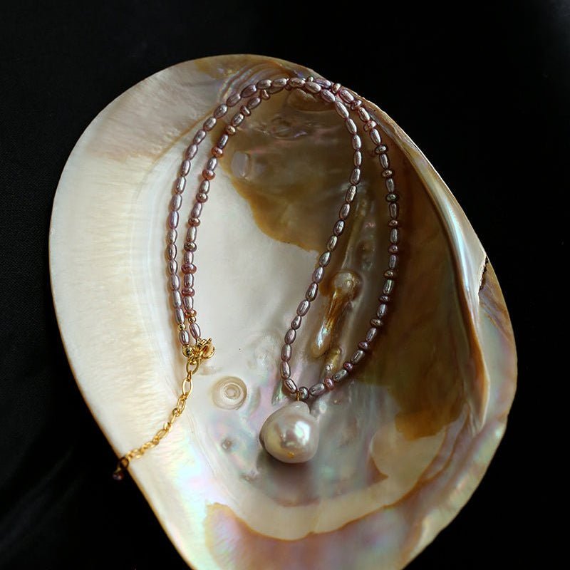 Rice Pearl and Purple Baroque Pearl Pendant Necklace - floysun