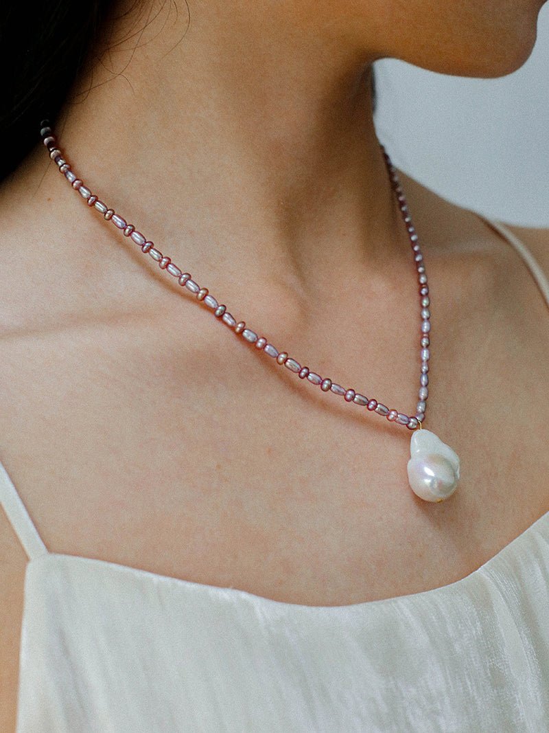 Rice Pearl and Purple Baroque Pearl Pendant Necklace - floysun