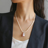 Rice Pearl and Purple Baroque Pearl Pendant Necklace - floysun