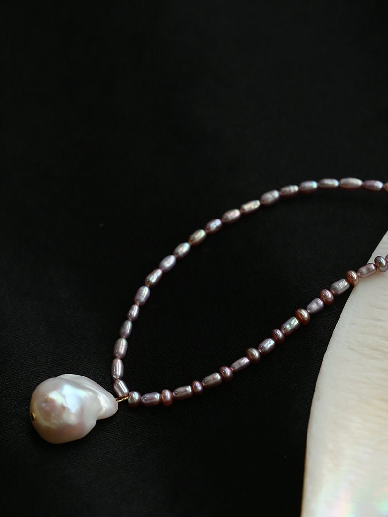 Rice Pearl and Purple Baroque Pearl Pendant Necklace - floysun