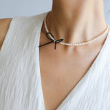 Rice Pearl Clavicle Chain Black Spinel Bow Necklace - floysun