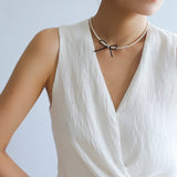 Rice Pearl Clavicle Chain Black Spinel Bow Necklace - floysun