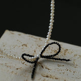 Rice Pearl Clavicle Chain Black Spinel Bow Necklace - floysun