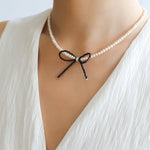 Rice Pearl Clavicle Chain Black Spinel Bow Necklace - floysun