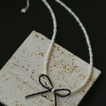 Rice Pearl Clavicle Chain Black Spinel Bow Necklace - floysun