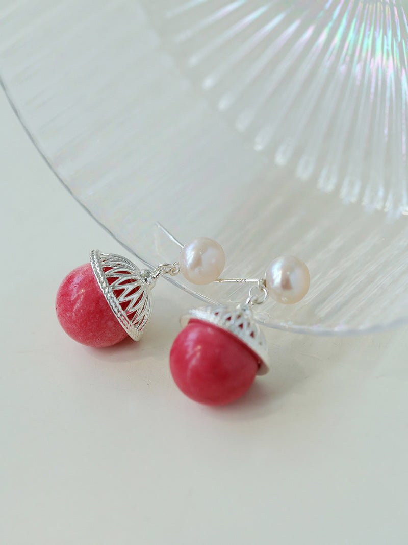 Rose Chalcedony Gemstone Drop Pearl Earrings - floysun