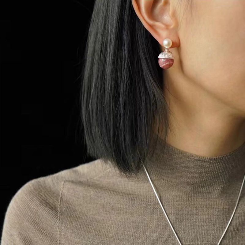 Rose Chalcedony Gemstone Drop Pearl Earrings - floysun