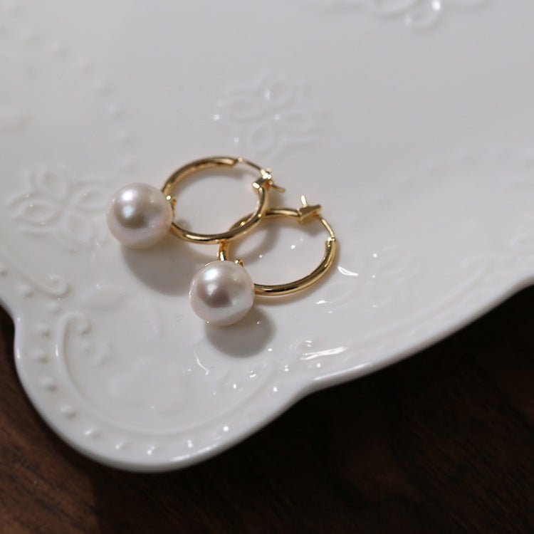 Round Baroque Pearl Drop Hoop Earrings - floysun