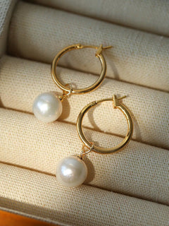 Round Baroque Pearl Drop Hoop Earrings - floysun