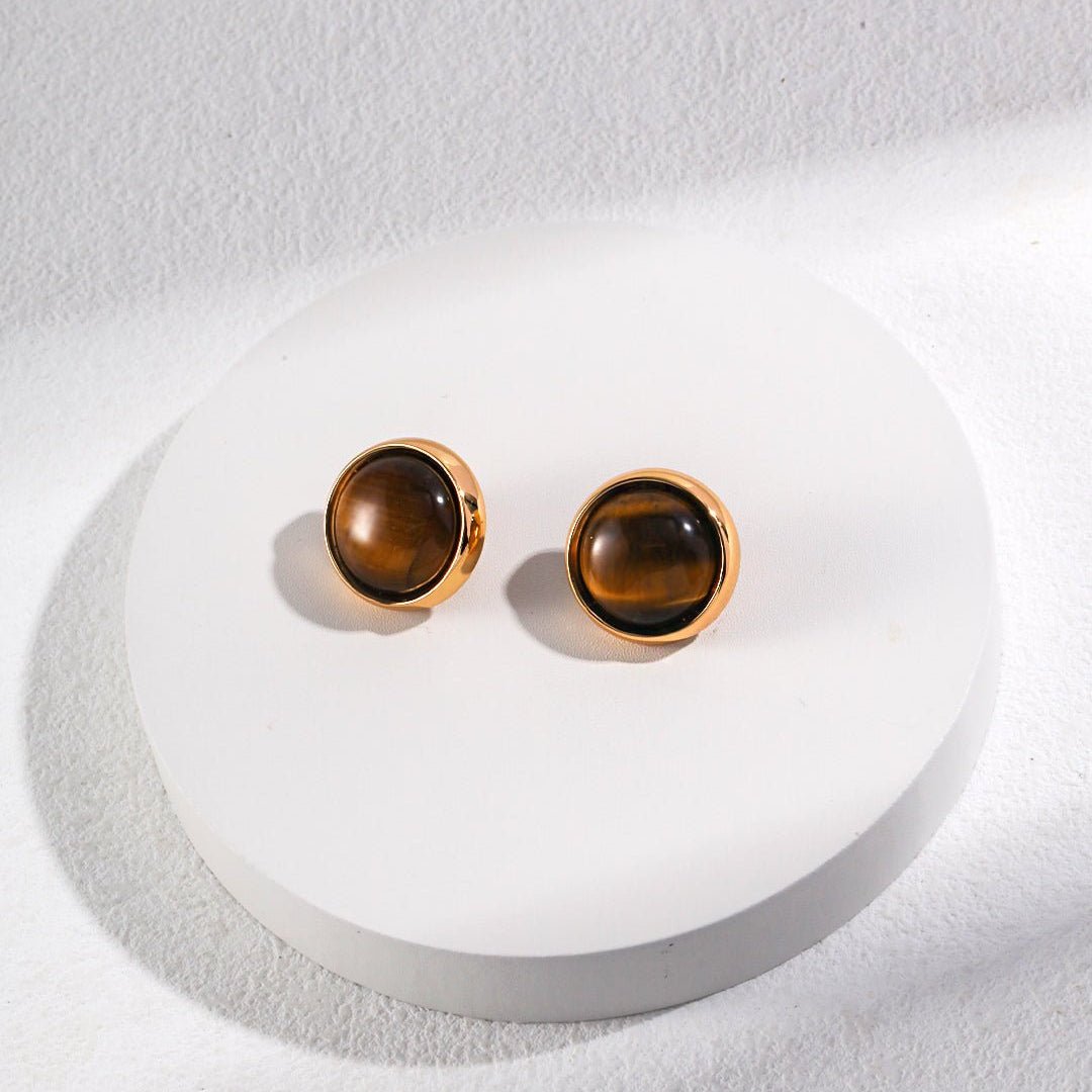 Round Tiger Eye Stone Stud Earrings - floysun