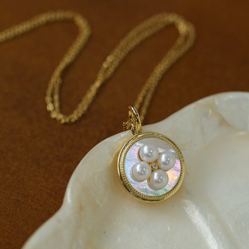 Round White Shell and Pearl Pendant Necklace - floysun