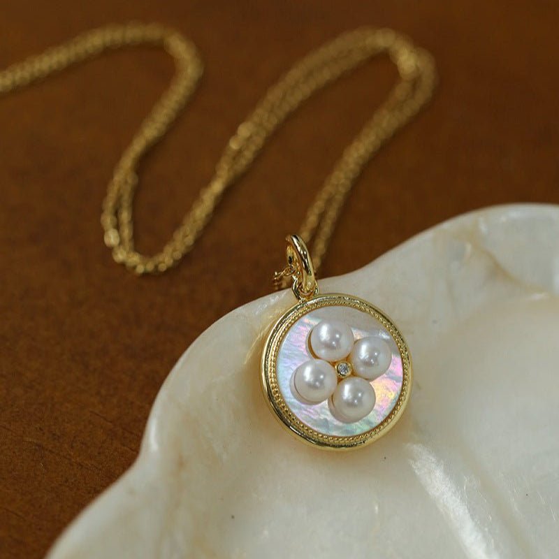 Round White Shell and Pearl Pendant Necklace - floysun