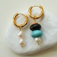 Rustic Chic: Asymmetric Natural Stone and Pearl Earrings - floysun