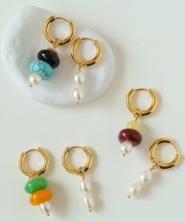 Rustic Chic: Asymmetric Natural Stone and Pearl Earrings - floysun