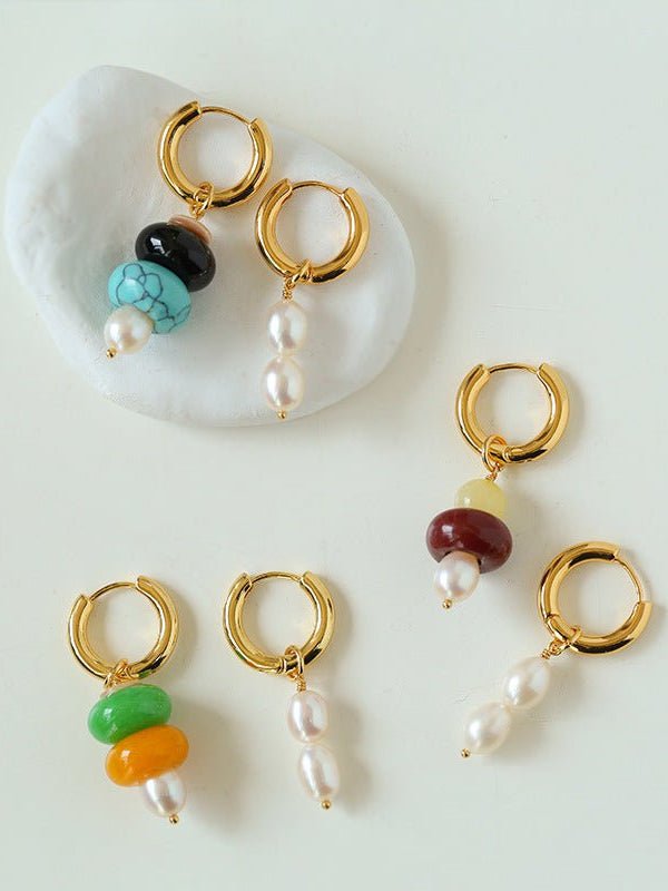 Rustic Chic: Asymmetric Natural Stone and Pearl Earrings - floysun