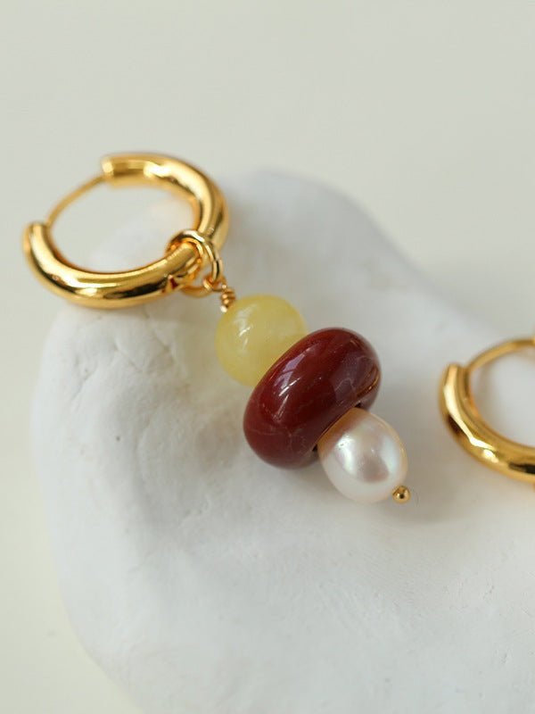 Rustic Chic: Asymmetric Natural Stone and Pearl Earrings - floysun