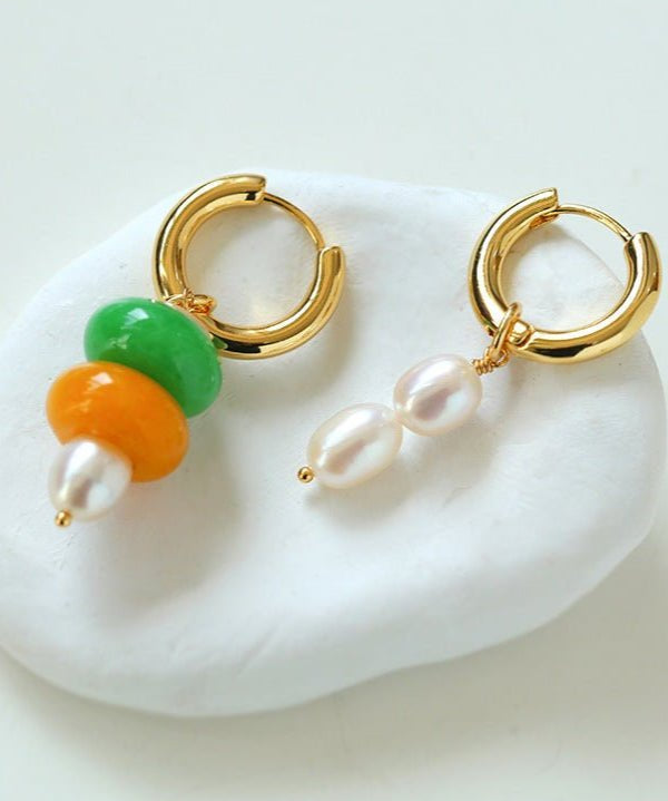 Rustic Chic: Asymmetric Natural Stone and Pearl Earrings - floysun