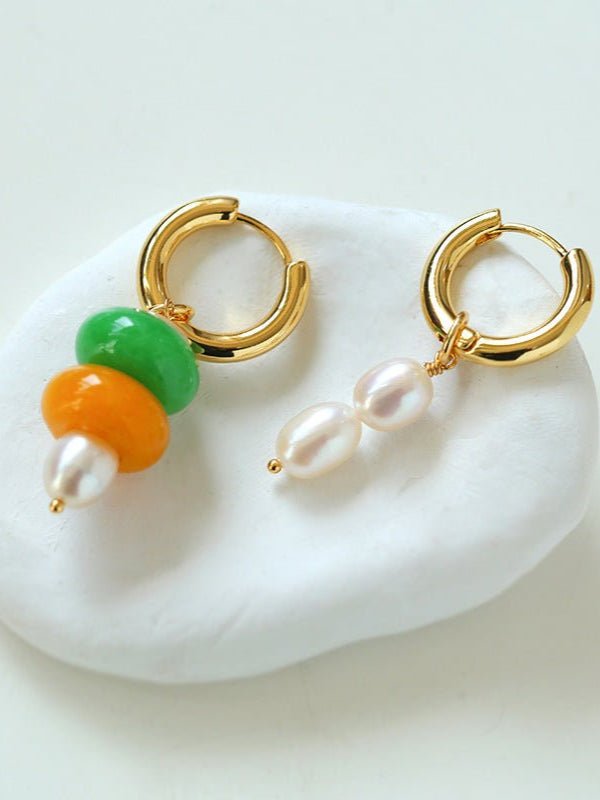 Rustic Chic: Asymmetric Natural Stone and Pearl Earrings - floysun