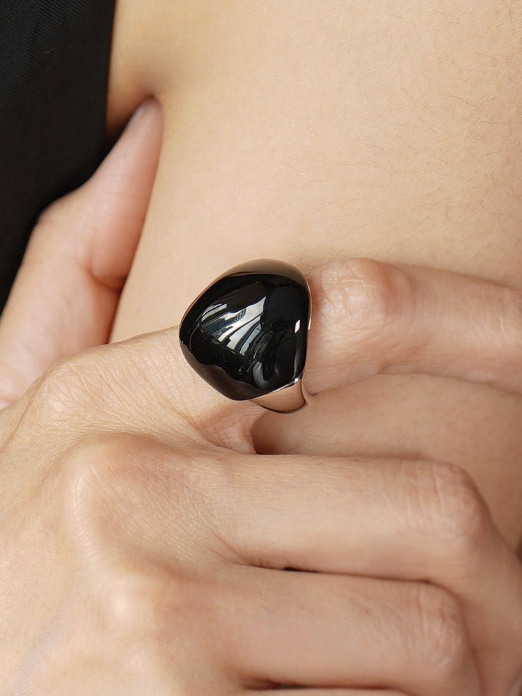 S925 Sterling Silver Irregular Black Agate Wide Rings - floysun