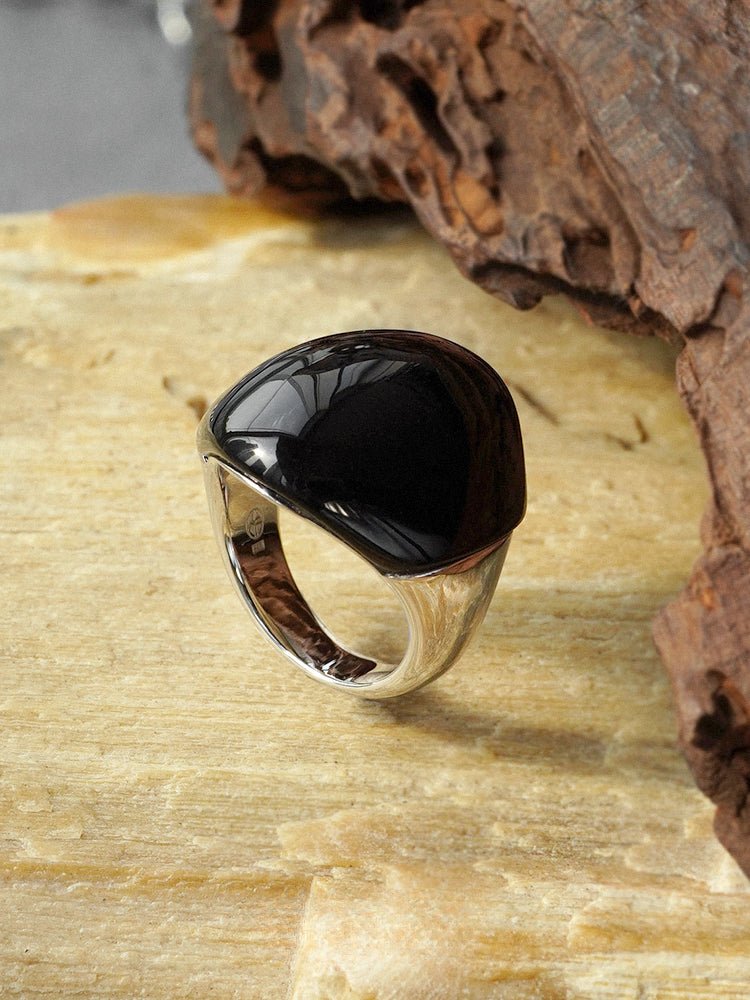 S925 Sterling Silver Irregular Black Agate Wide Rings - floysun