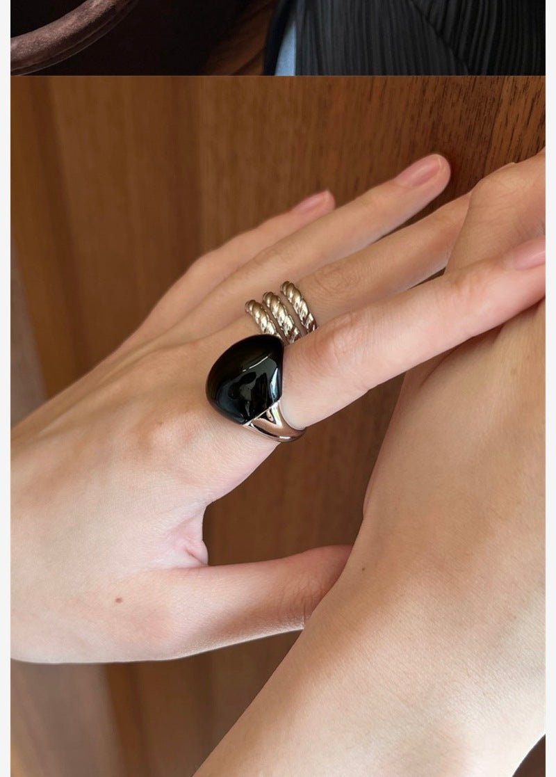 S925 Sterling Silver Irregular Black Agate Wide Rings - floysun