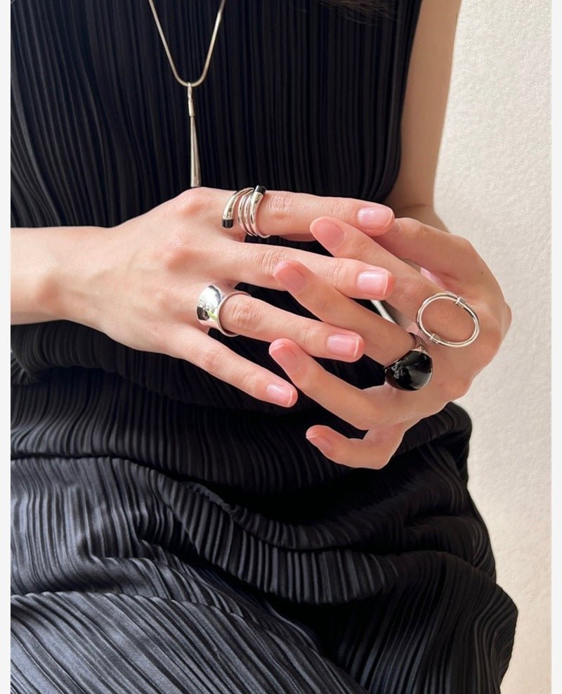 S925 Sterling Silver Irregular Black Agate Wide Rings - floysun