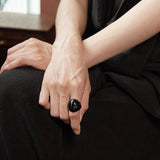 S925 Sterling Silver Irregular Black Agate Wide Rings - floysun