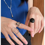 S925 Sterling Silver Irregular Black Agate Wide Rings - floysun