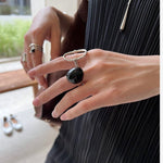 S925 Sterling Silver Irregular Black Agate Wide Rings - floysun