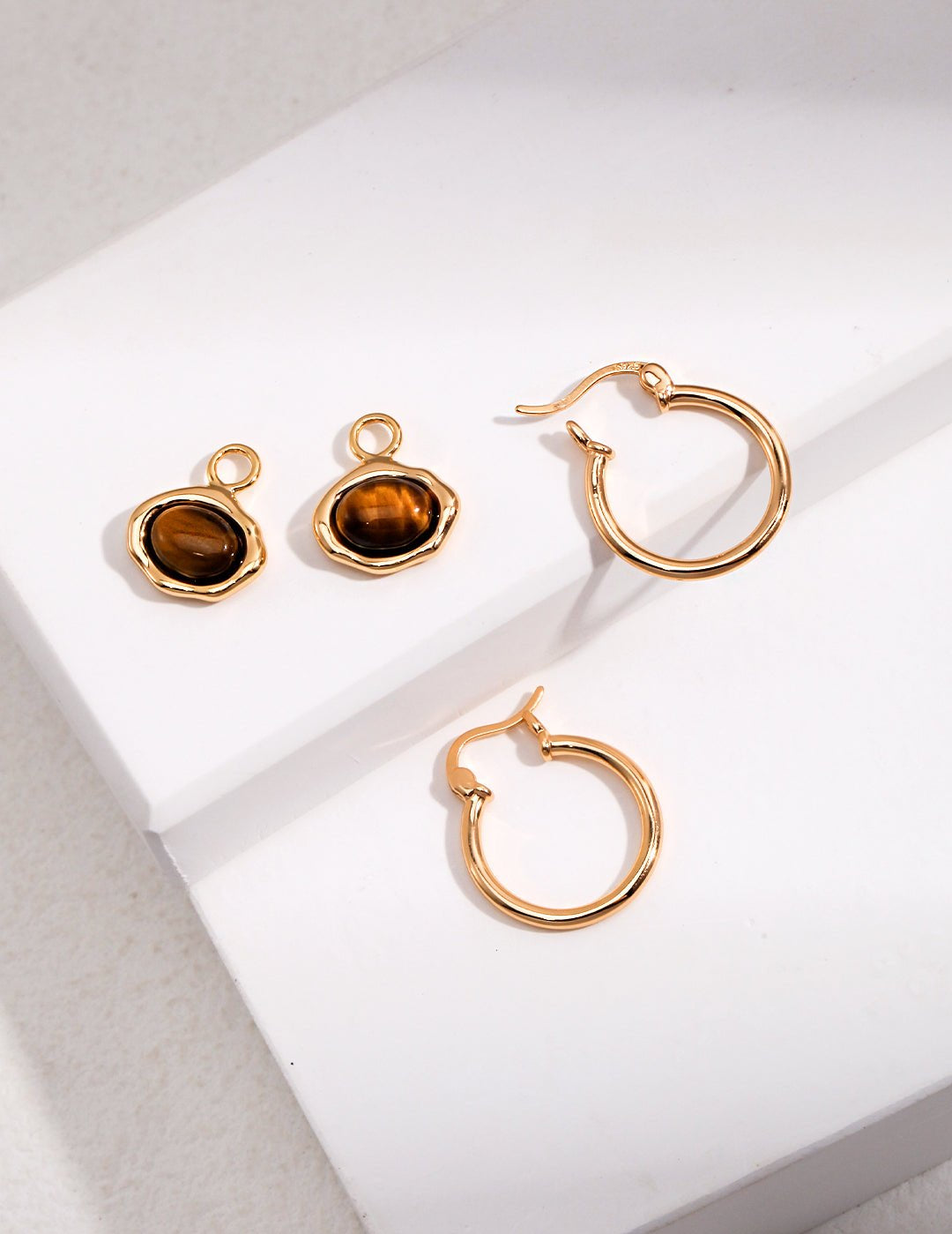 S925 Sterling Silver Tiger Eye Stone Hoops Earrings - floysun