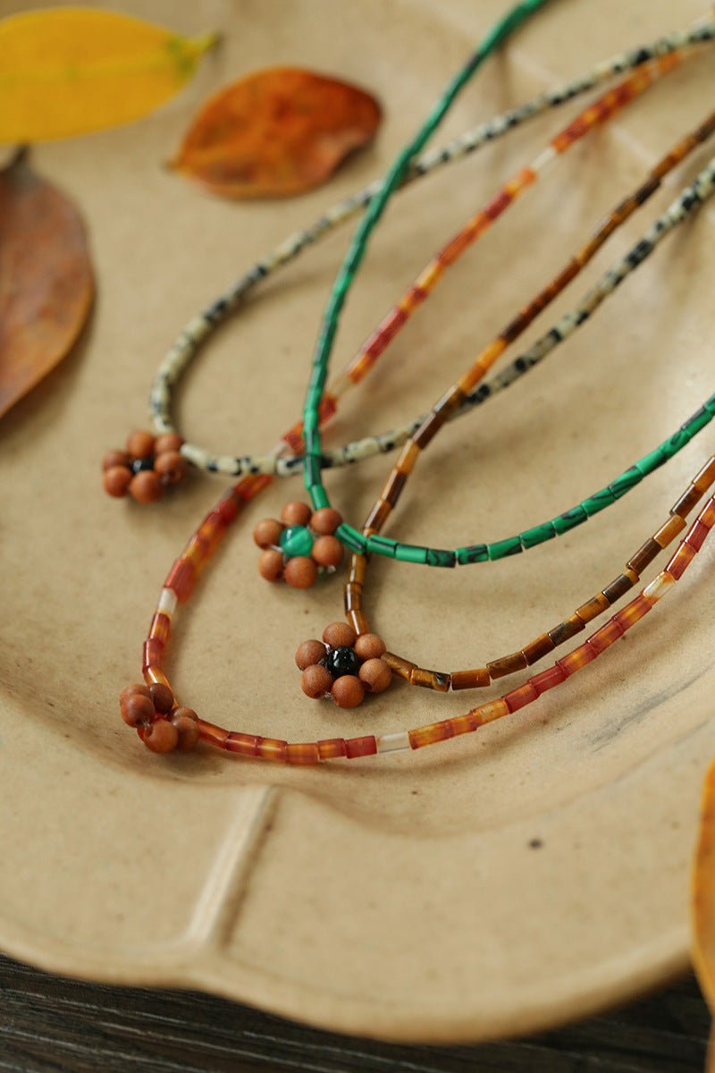 Sandalwood Floret Red Agate Speckled Stone Tube Beads Beaded Necklace - floysun