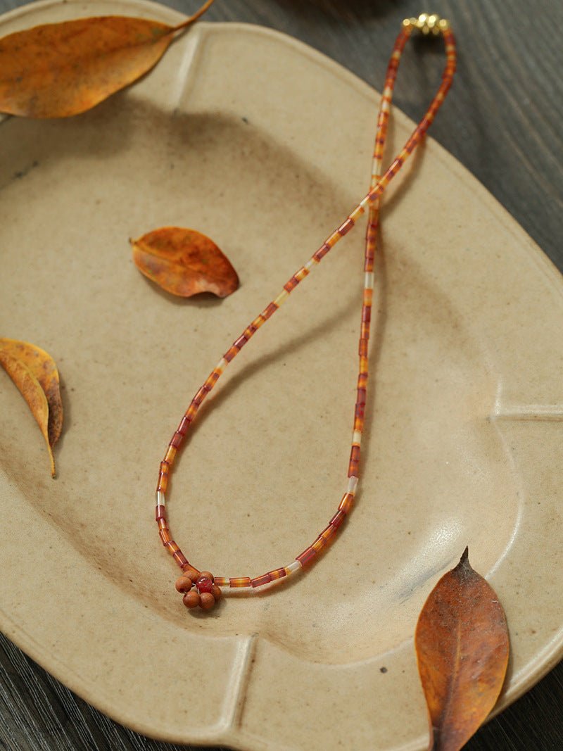 Sandalwood Floret Red Agate Speckled Stone Tube Beads Beaded Necklace - floysun