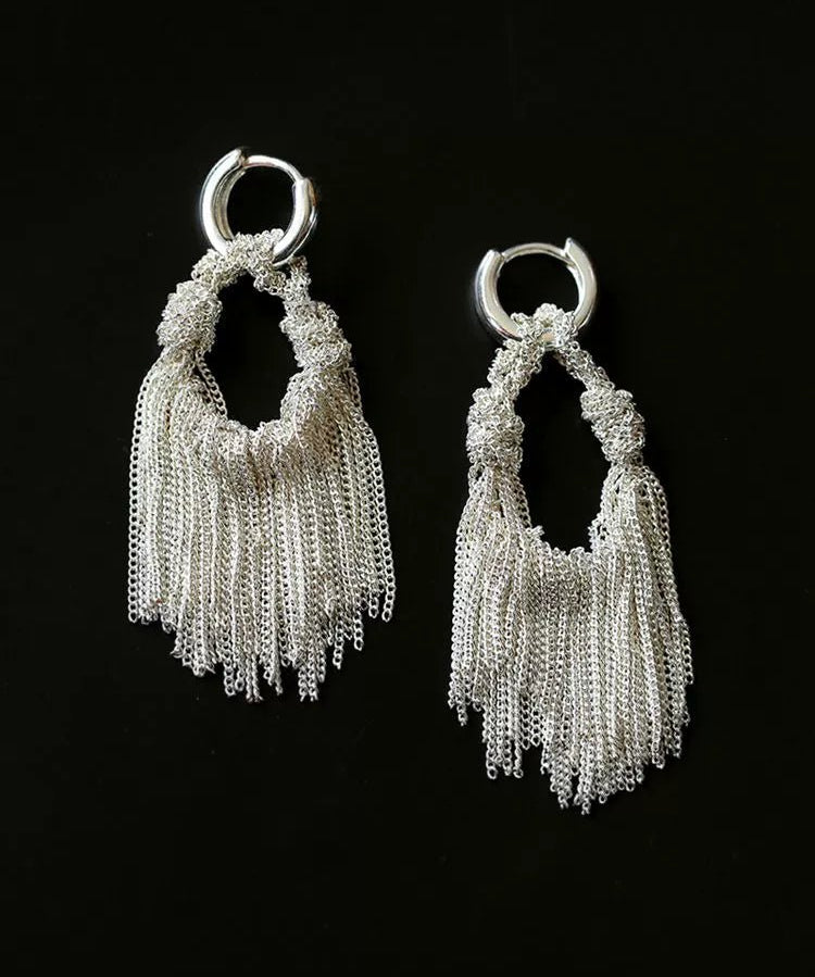 Shining Galaxy Waterfall Tassel Silver Drop Hoop Earrings - floysun