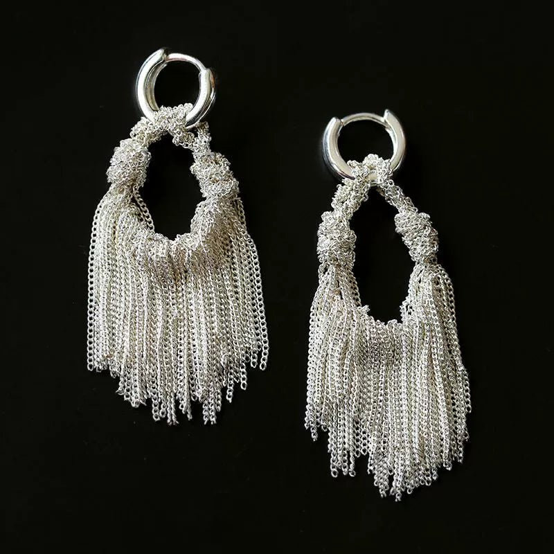 Shining Galaxy Waterfall Tassel Silver Drop Hoop Earrings - floysun