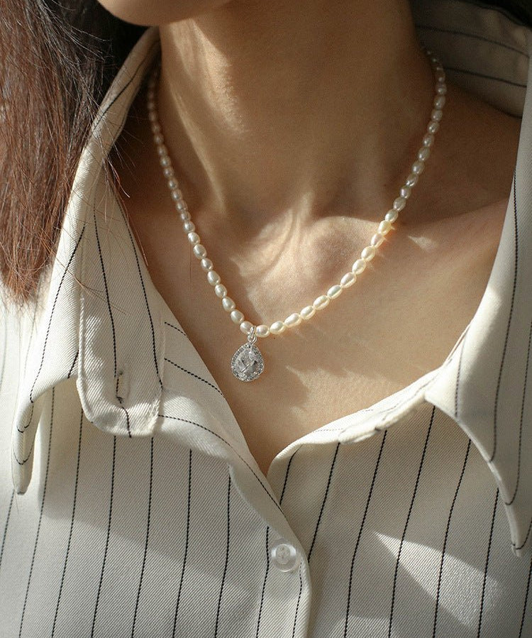 Shiny Zircon Pendant Freshwater Pearl Necklace - floysun