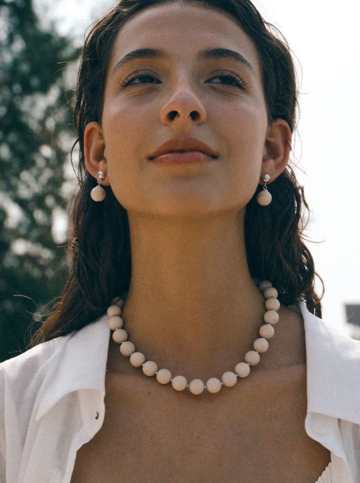 Silver Bead White Fossil Drop Earrings - floysun