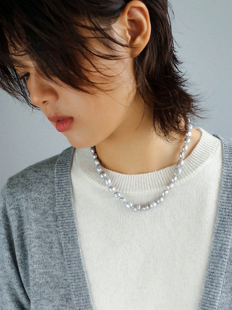 Silver Gray Freshwater Pearls Short OT Buckle Necklaces - floysun