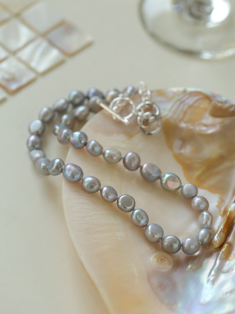 Silver Gray Freshwater Pearls Short OT Buckle Necklaces - floysun