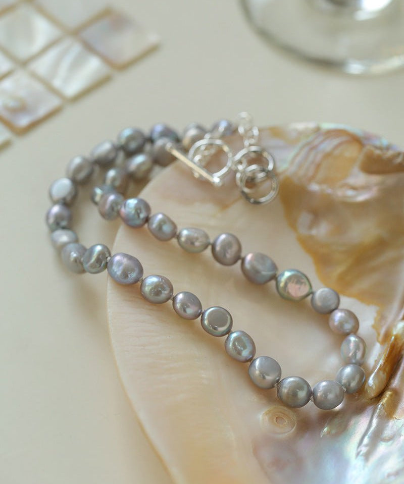 Silver Gray Freshwater Pearls Short OT Buckle Necklaces - floysun