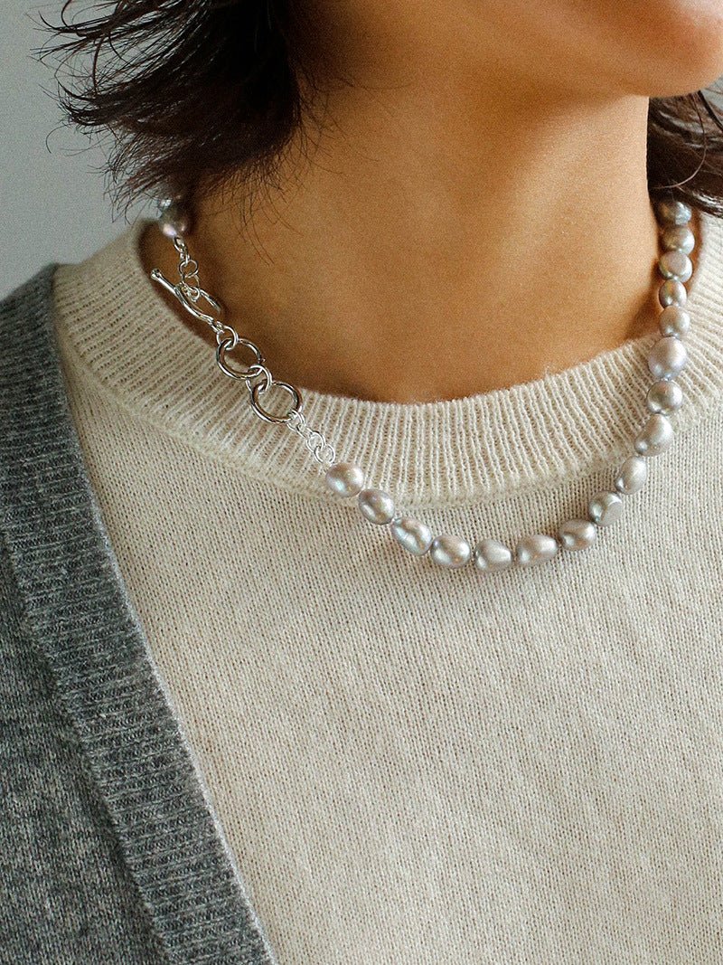 Silver Gray Freshwater Pearls Short OT Buckle Necklaces - floysun