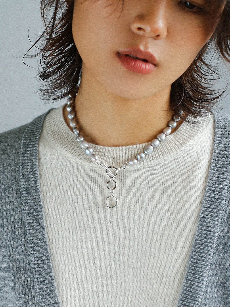 Silver Gray Freshwater Pearls Short OT Buckle Necklaces - floysun